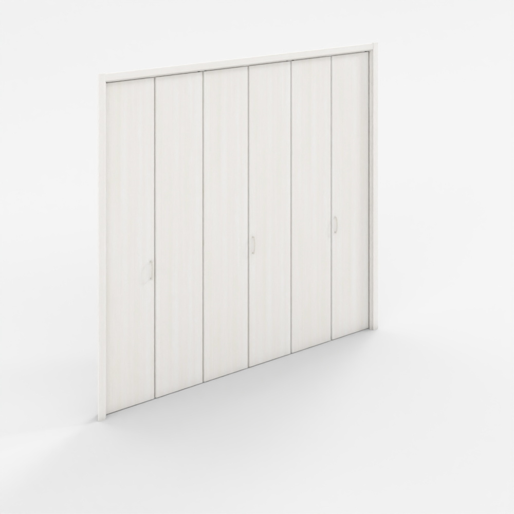 Large white sliding wardrobe with six doors and small silver handles on grey background