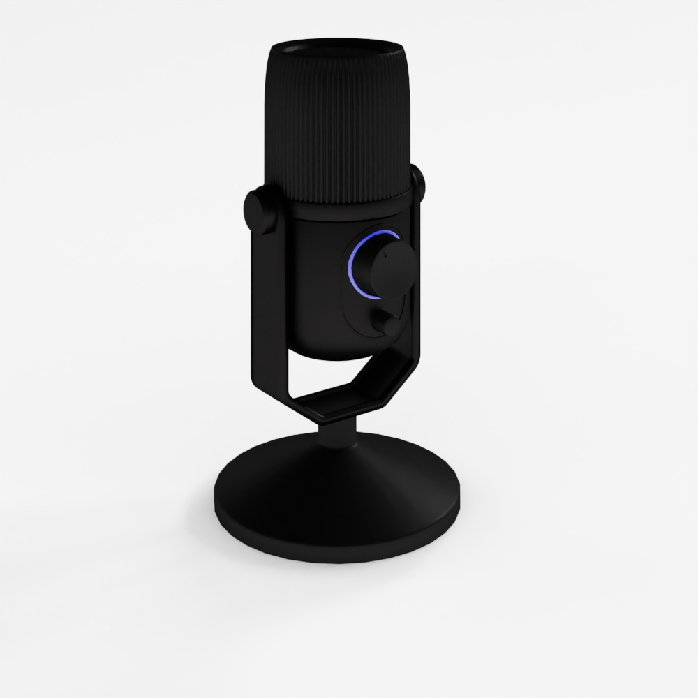 Black microphone with blue light ring on grey background