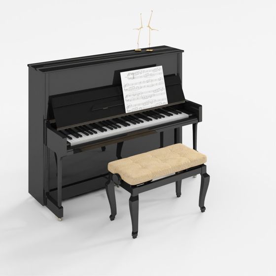 Black upright piano with beige footrest and sheet music on grey background