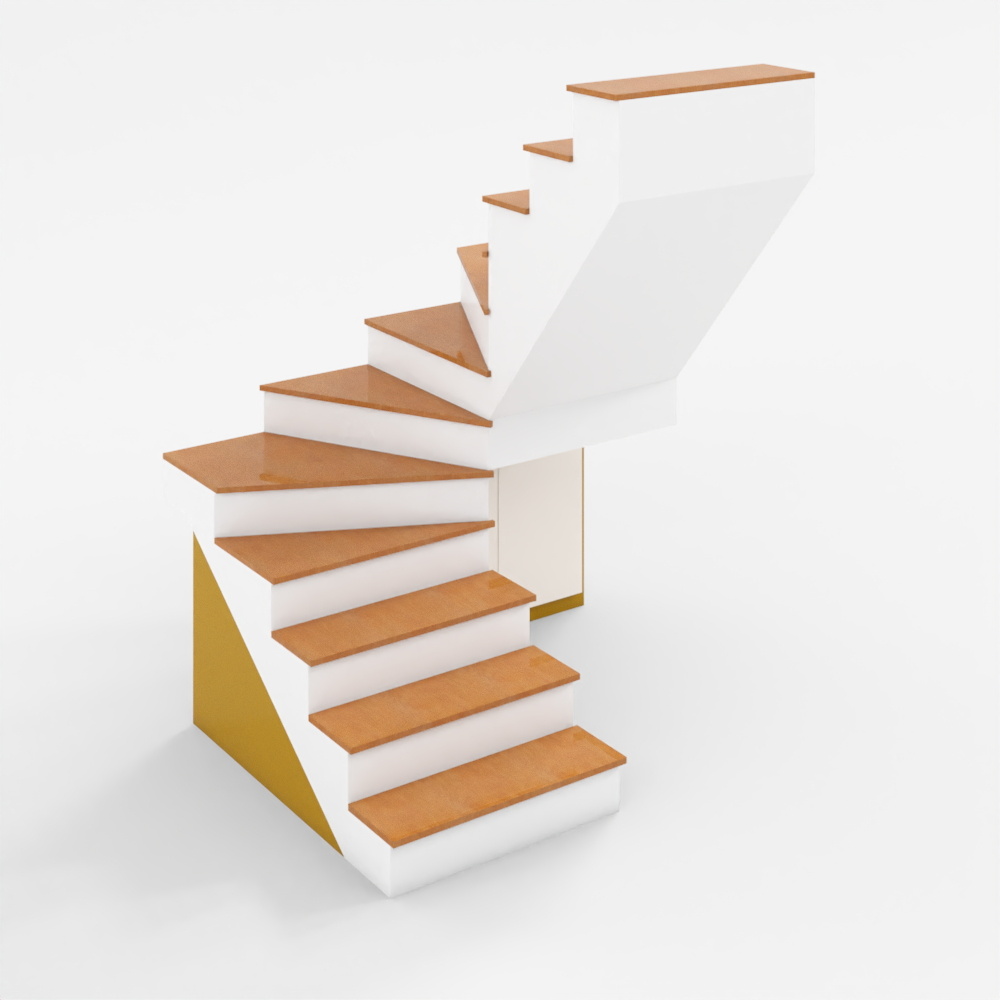 Modern wooden staircase with white risers and storage cabinet on grey background