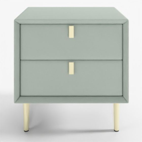 Modern light green nightstand with two drawers and gold handles on white background