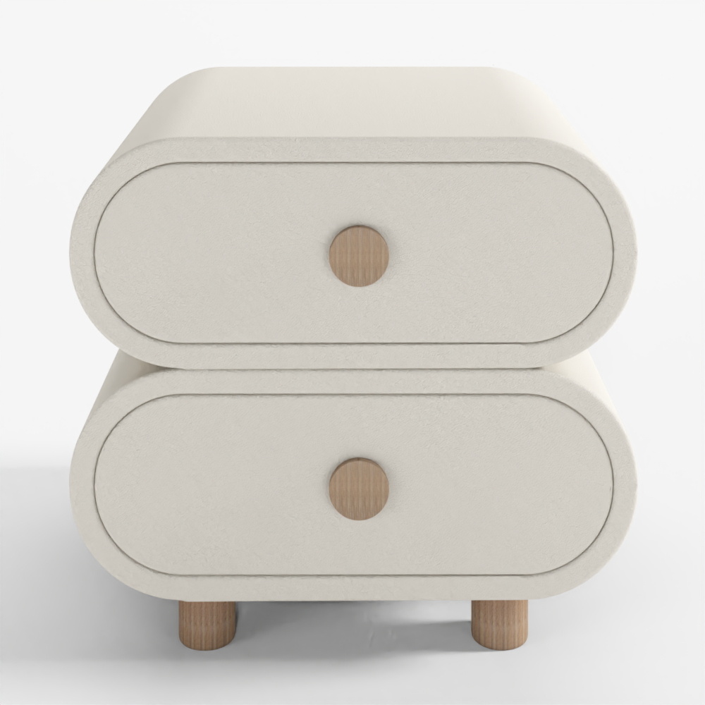 Modern cream two drawer nightstand with round wooden knobs and legs on white background