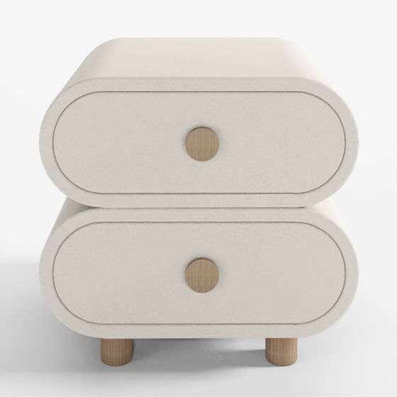 Modern cream two drawer nightstand with round wooden knobs and legs on white background