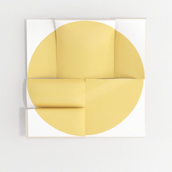 Modern yellow leather sofa with round shape and white base on grey background